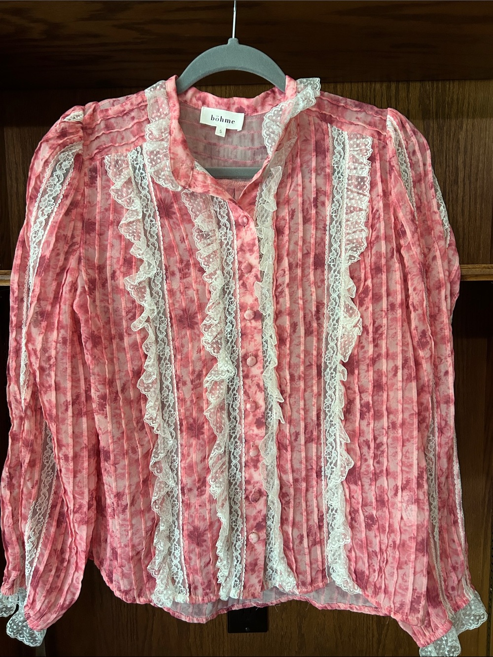 bohme Pink Lace-Trimmed Ruffled Blouse